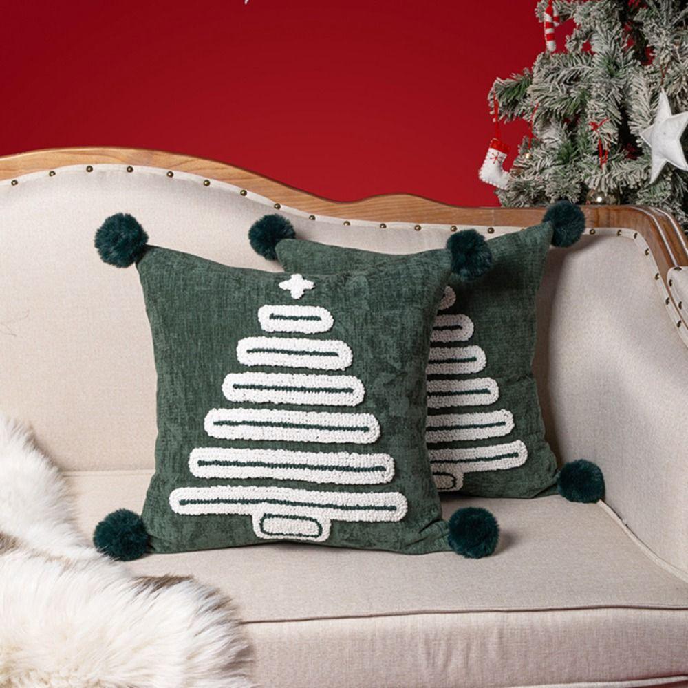1PC 18 x 18 in Christmas Tree Pillow Cover with Hairball Comfortable Xmas Tree Pillowcase Soft Square Throw Pillow Cover