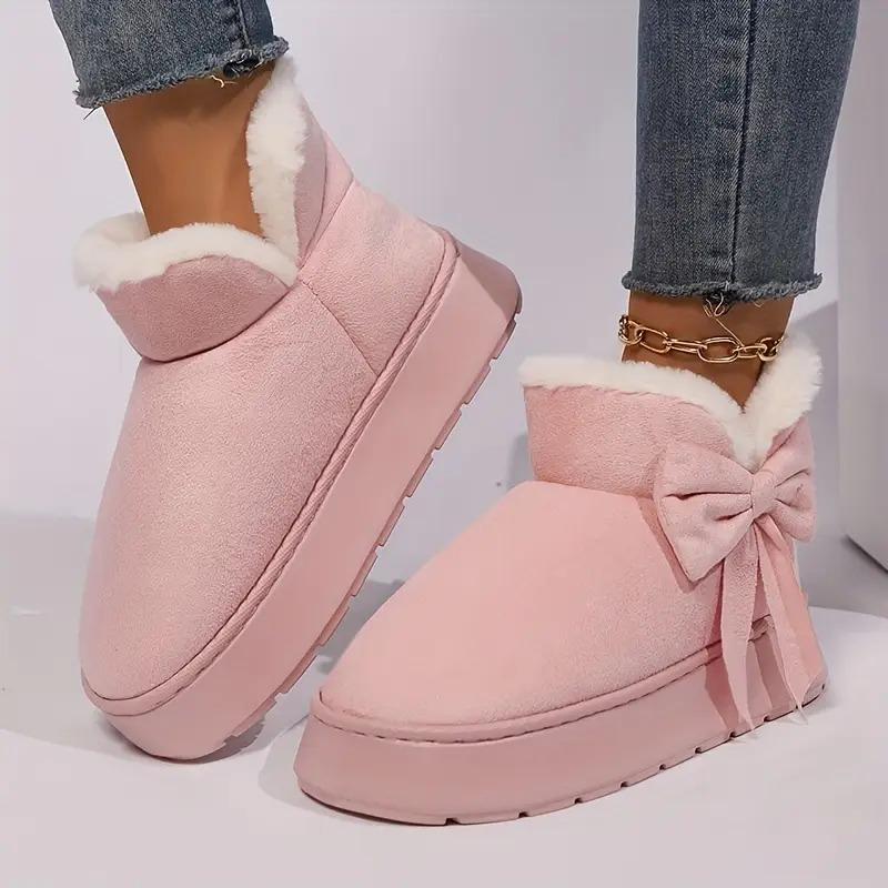 Cozy Plush-Lined Winter Snow Boots for Men and Women - Elegant Bow Detail, Soft Sole, Indoor/Outdoor Fashion Slippers