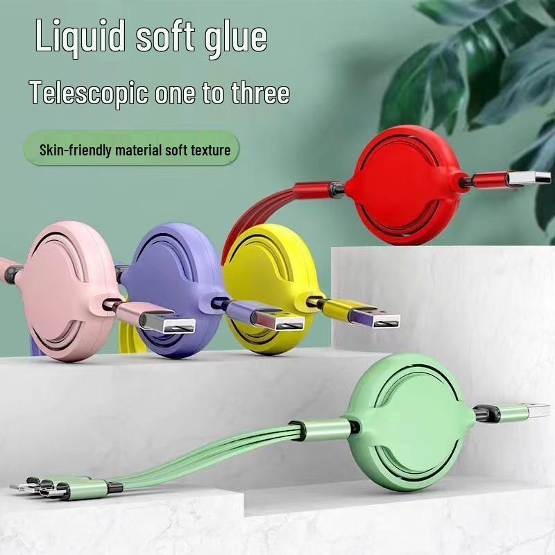 Macaron 3-in-1 Retractable Fast Charging Cable with Custom Logo Medium Round (Bare Cable) чёрный