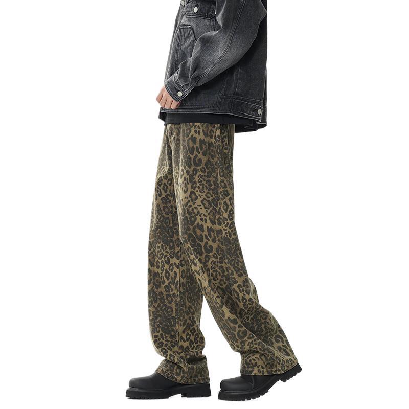 Džíny s maskovacím potiskem leoparda pro muže a ženy, neutrální styl, niche, volné a mírně rozšířené, ležérní kalhoty