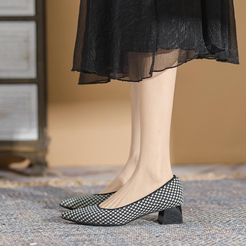 Женские повседневные туфли-лодочки Удобные туфли на массивном блочном каблуке Мокасины с острым носком Трикотажные рабочие туфли-лодочки на низком каблуке Нескользящие туфли для женщин 34 2909₽