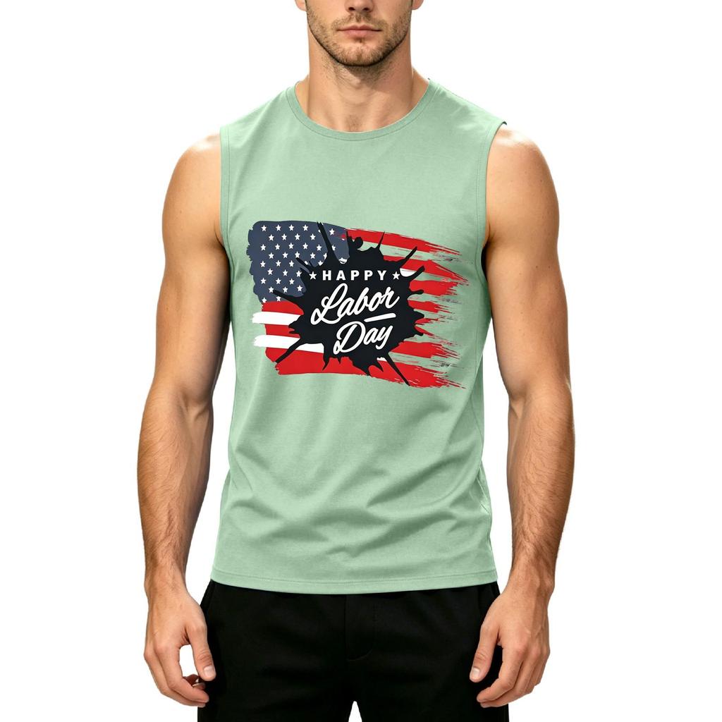Men's Sleeveless Casual Tank Top Labor Day Printed Muscle Shirt Crew Neck Summer Workout Tee