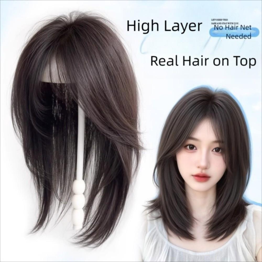 Synthetic Head Top Fake Hair Piece Hair Toppers Wigs with Bangs Cover White Hair & Hairline