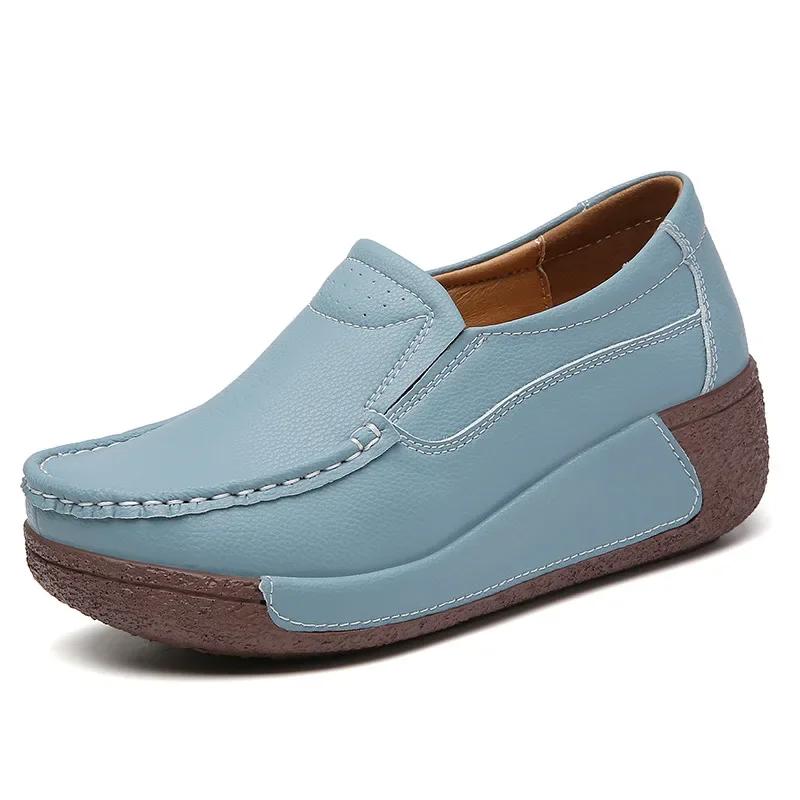 Fashion Spring and Summer Women Fashion Loafers Genuine Leather Moccasins Autumn Slip-on Casual Round Toe Wedge Platform Rocking Shoes