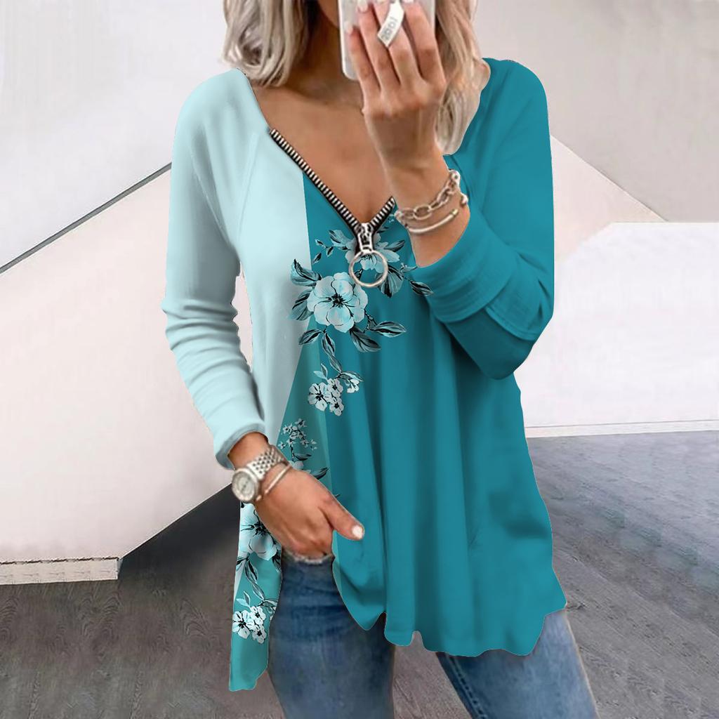 Dámské podzimní květinové světle modré broskvové květy s potiskem trička s dlouhým rukávem volný výstřih do V Trička velké velikosti Pohodlná halenka