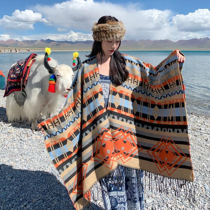 Grassland ethnic style warm bohemian fringed double rhombus shawl photo cape cape Xizang Xinjiang scarf 150*130