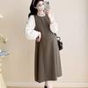 Trendy French Style Patchwork Maternity Dress - Autumn Long Sleeve Two-Piece Look