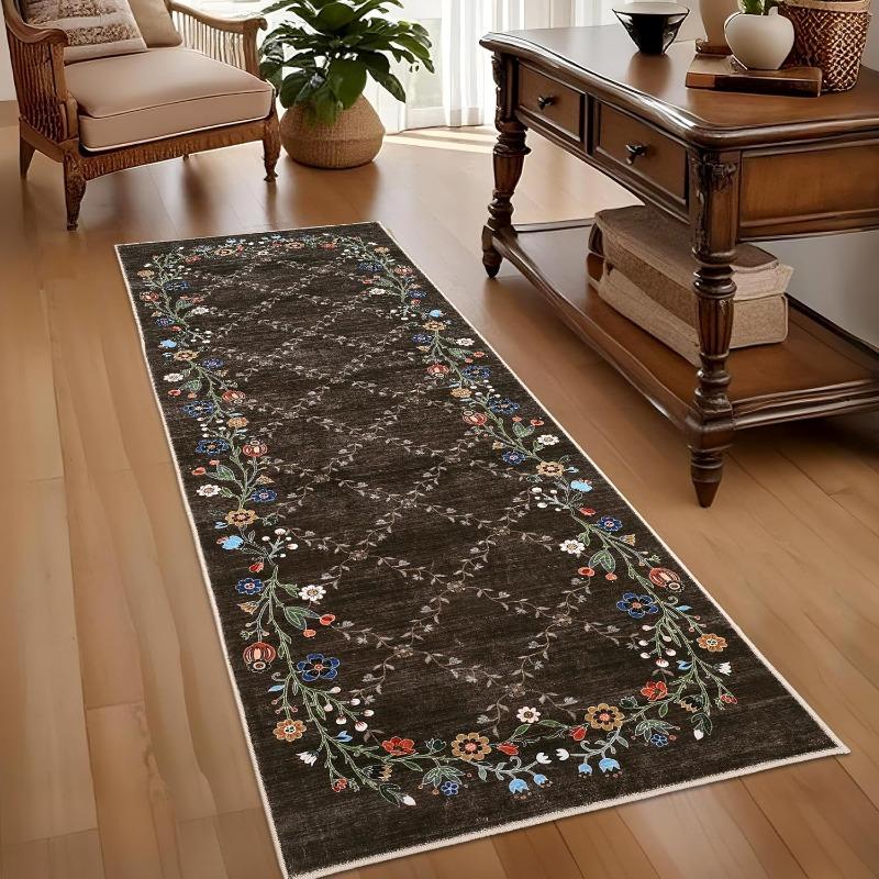 Geometric Diamond Grid Runner Rug Vine Flowers Romantic and Simple Bedroom Carpet Living Room Floor Mat Bedside Home Decoration