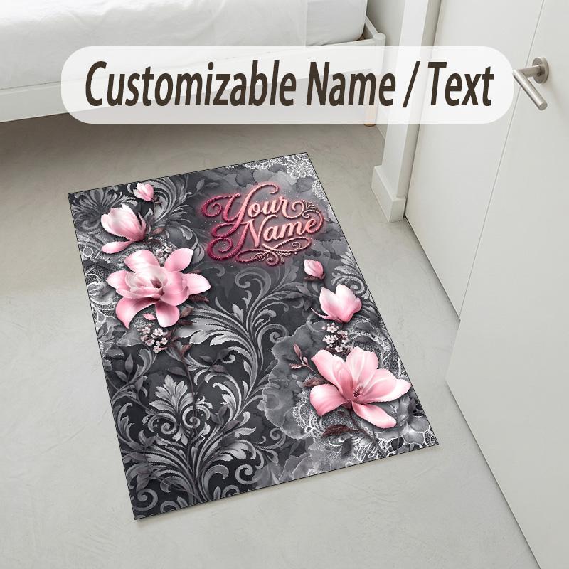 Floral Garden Theme Crystal Velvet Rug Personalized Custom Name Text Soft Floor Mat Home Decor
