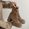 Street Style Winter Women Modern Ankle Boots Fashion Platform Square High Heels Shoes Comfort Keep Warm Short Booties