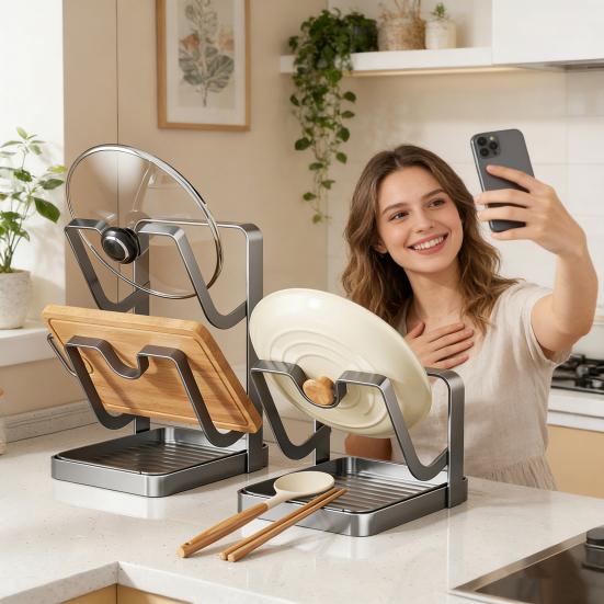 Countertop Pot Lid Kitchen Organizer with Spoon Pot Lid Holder While Cooking Rest Carbon Steel