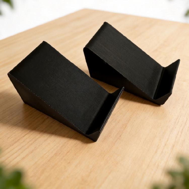 Speaker Tilt Risers for Desktop Use, Pair of Black Inclined Supports with Raised Front Lip and No Separate Mounting Parts