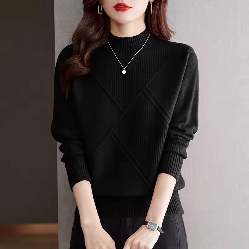 

Autumn and Winter Women s Solid Half High Collar Cashmere Sweater Loose Knitted Wool Casual Sweater Bottoming Shirt One Size чорний