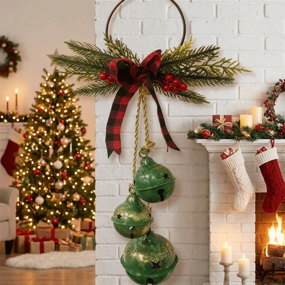 Three-Bell Christmas Tree Bell Decorations Rustic Style Festive Wall Hanging Ornament Shatterproof with Bowknot