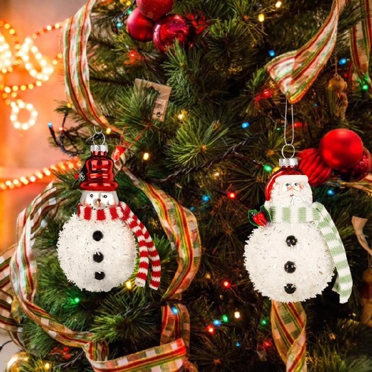 2 Pieces Glass Santa and Snowman Baubles Christmas Tree Hanging Ornament Seasonal Home Decoration for Window Door