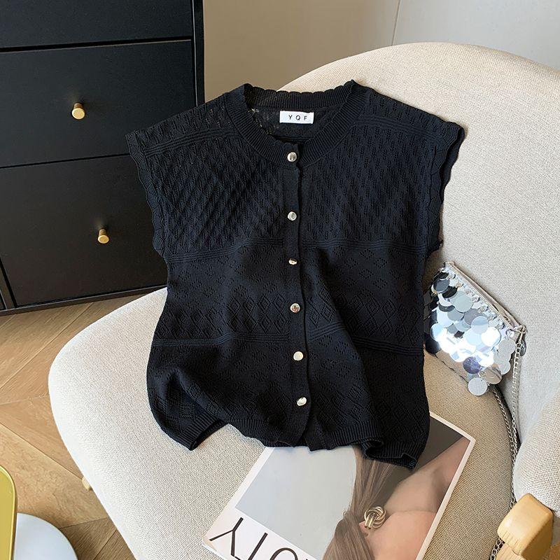 

Ouxue ~ Recommended for Self-Retention! Summer Stylish Sleeveless round Neck Cardigan Top T-shirt Ice Silk Sweater Women Black S