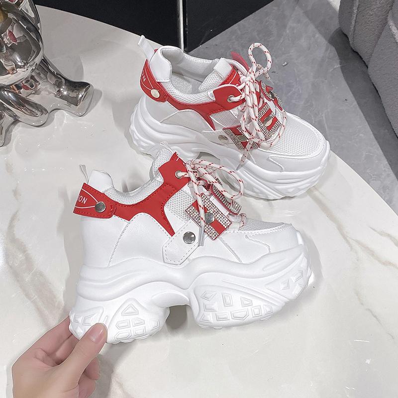 Damen Plateau Leder Sneaker Herbst 10CM Sportliche Dad Schuhe High Top Klobige Freizeitschuhe Frau Dicke Sohle Bling Weiße Schuhe