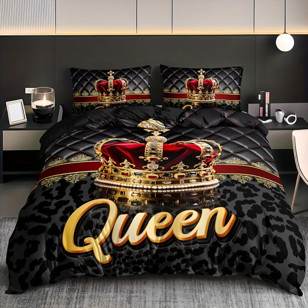 3pcs Black Bedding Set Queen Crown Print King Queen Double Full Twin Single Size Duvet Cover Set 2 Pillowcases for Birthday Gift