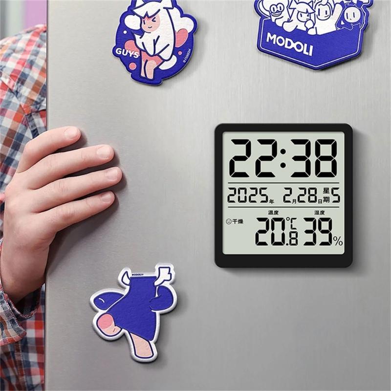 Magnetic Digital Alarm Clock with Date Time Temperature Humidity LCD Display Battery Operated for Modern Home Decors