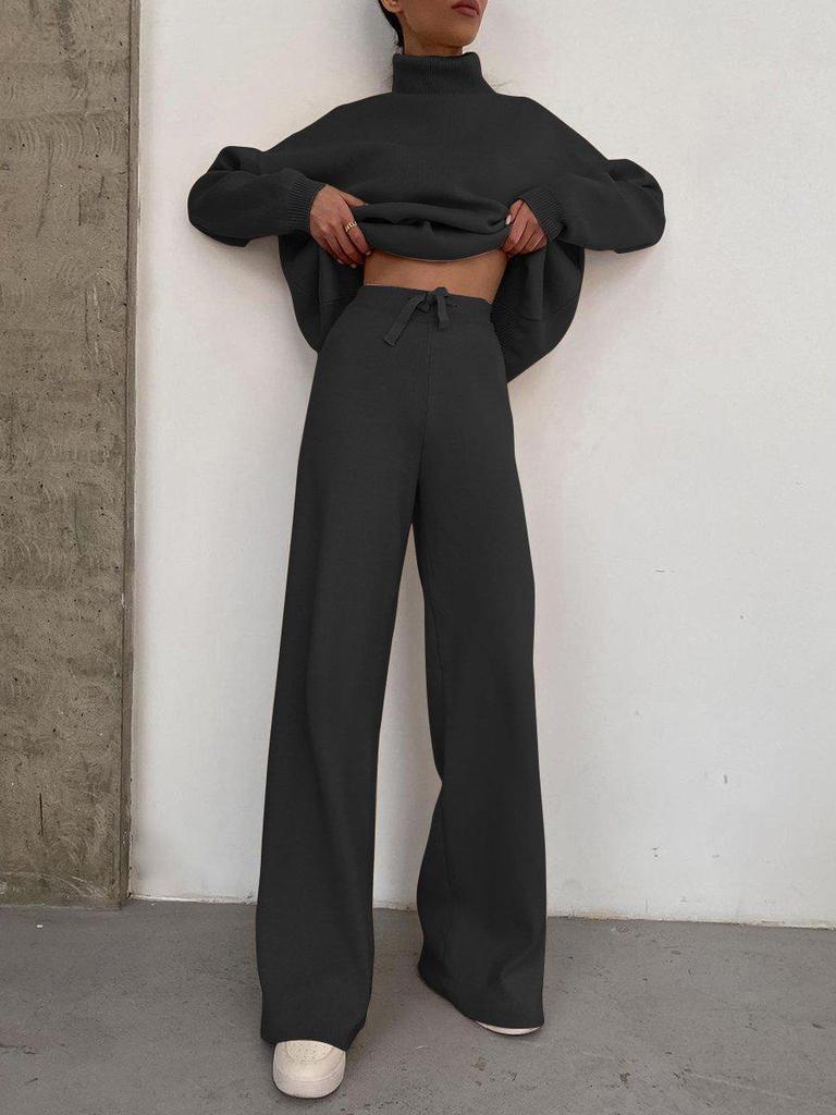 2025 European Style Brown Two-Piece: Long Sleeve High Neck Hoodie & Elegant Wide-Leg Pants