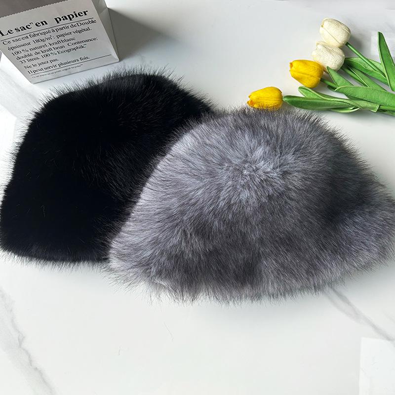 Damen Herbst/Winter Verdickter Imitations-Fuchsfell Eimerhut - Modisch, Warm, Einfarbiges Design