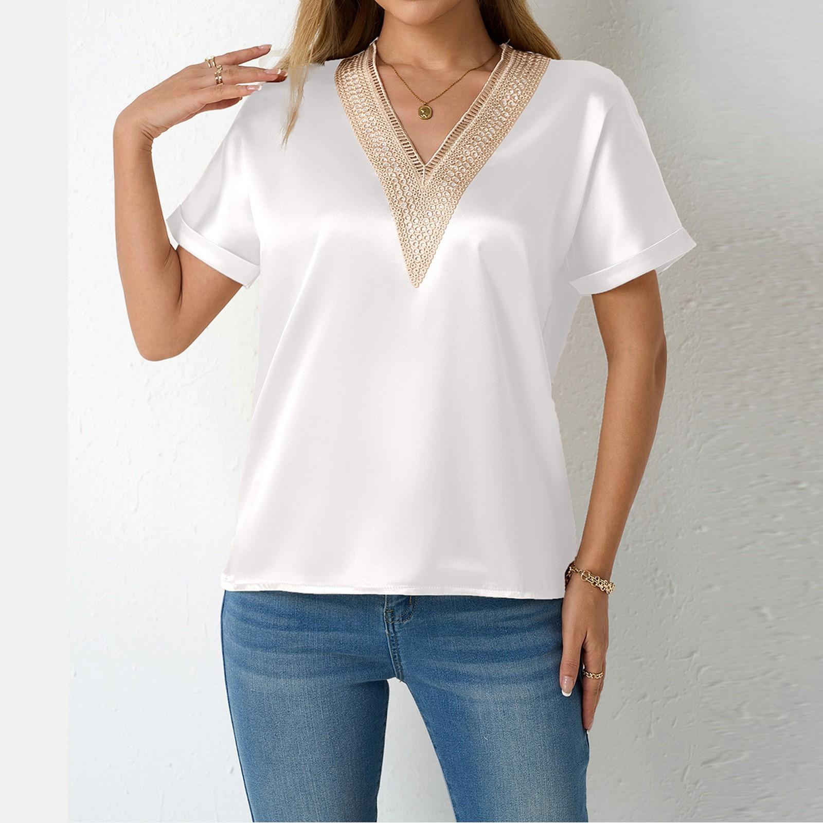 

Женская рубашка с коротким рукавом, свободный атласный топ, тисненый кружевной топ с V-образным вырезом и шелковой подкладкой L белый