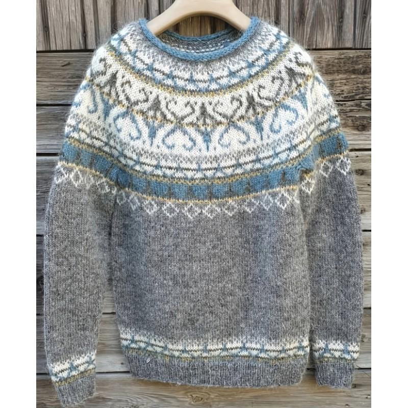 Womens Round Neck Colorblock Loose Knit Sweater Street Style Casual Pullover With Geometric
