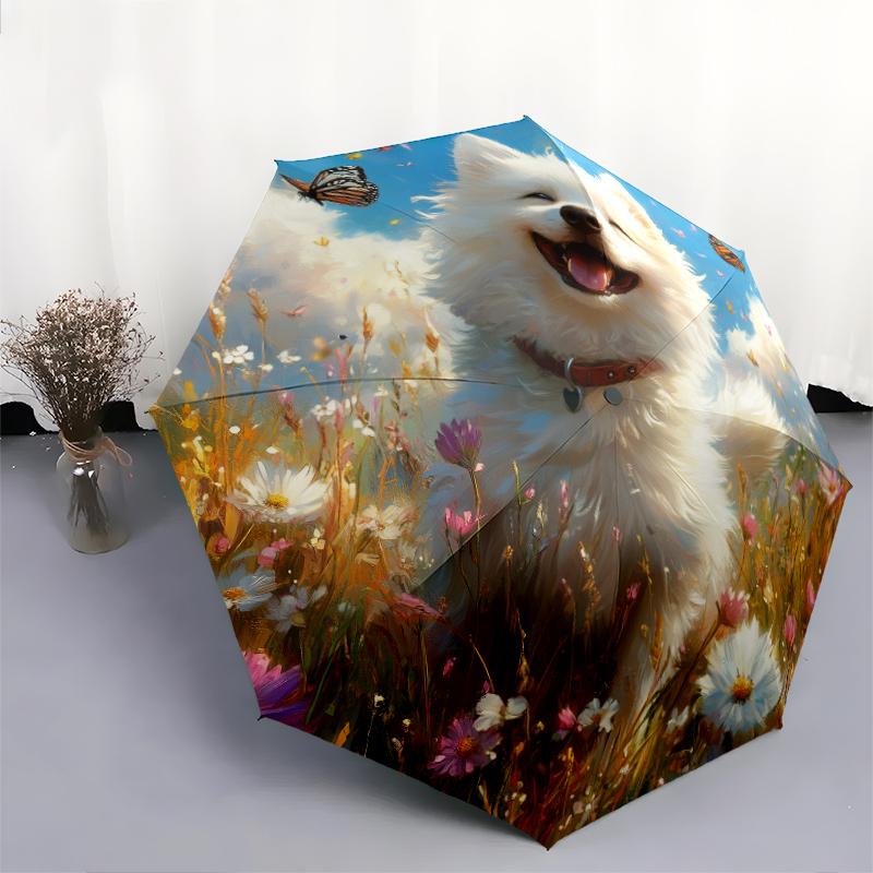Happy Samoyed Pattern, Automatic Folding Umbrella, Portable and Foldable Design, 8 Ribs, a Christmas or Birthday Gift.