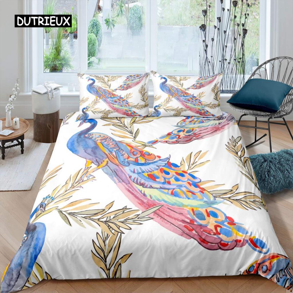 Juego de Funda Nórdica de Pavo Real Microfibra Preciosa Pluma Azul Funda de Edredón Flor Rosa Suave 2/3 Piezas Aves Tema Animal Funda de Edredón