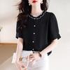 Summer Casual Versatile Top Slimming Lace Black Fungus Collar Short Sleeved Chiffon Shirt for Women Blouses & Shirts