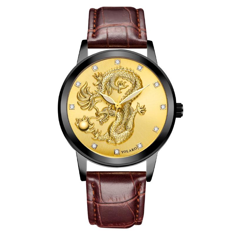 Chinese Style Fashion Diamond-encrusted Waterproof Gold Dragon Pattern Men's Watch Men's Watch Belt Watch Quartz Watch