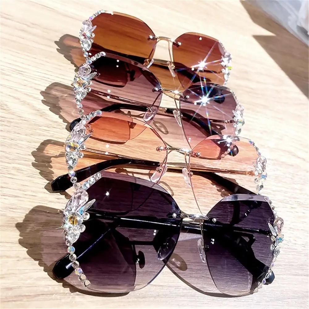 UV Protection Rimless Rhinestone Sunglasses Beach/Travel/Streetwear Shiny Cutting Lens Sun Glasses Gradient Shades for Women