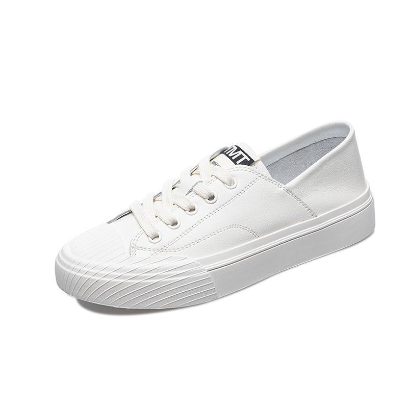 New Flat Shallow Mouth Genuine Leather Small White Women's Shoes Autumn Model Versatile One-Pedal Skateboard Shoes Lace-Up White Shoes