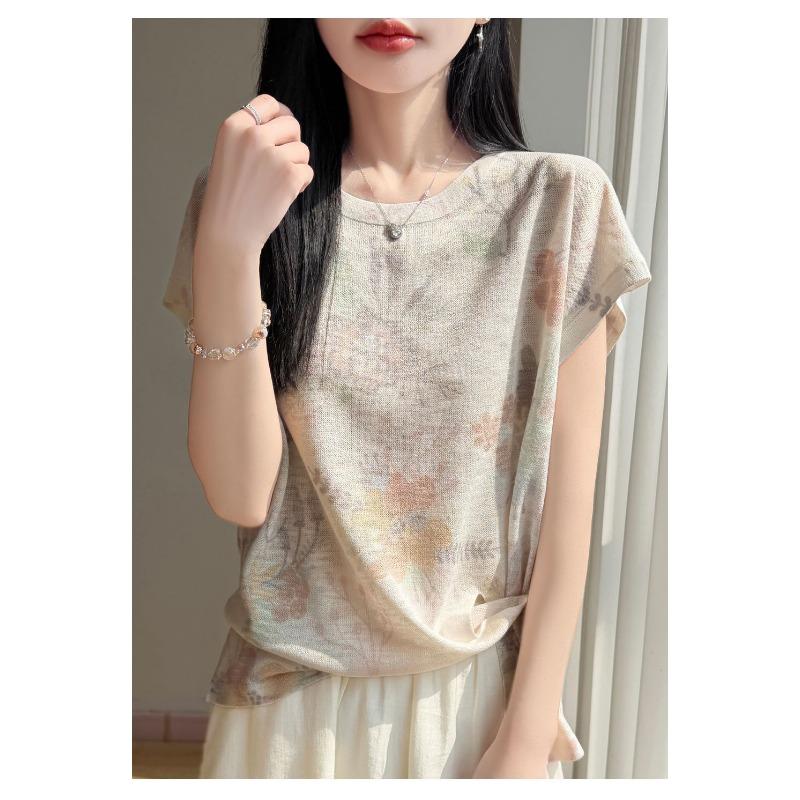 Womens Gradient Print Round Neck Short Sleeve Knit Top M белый