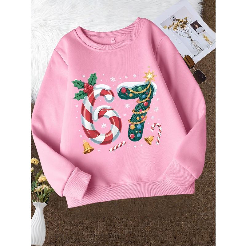 Fashionable Round-Neck Sweatshirt for Girls for Christmas, Casual Print Top