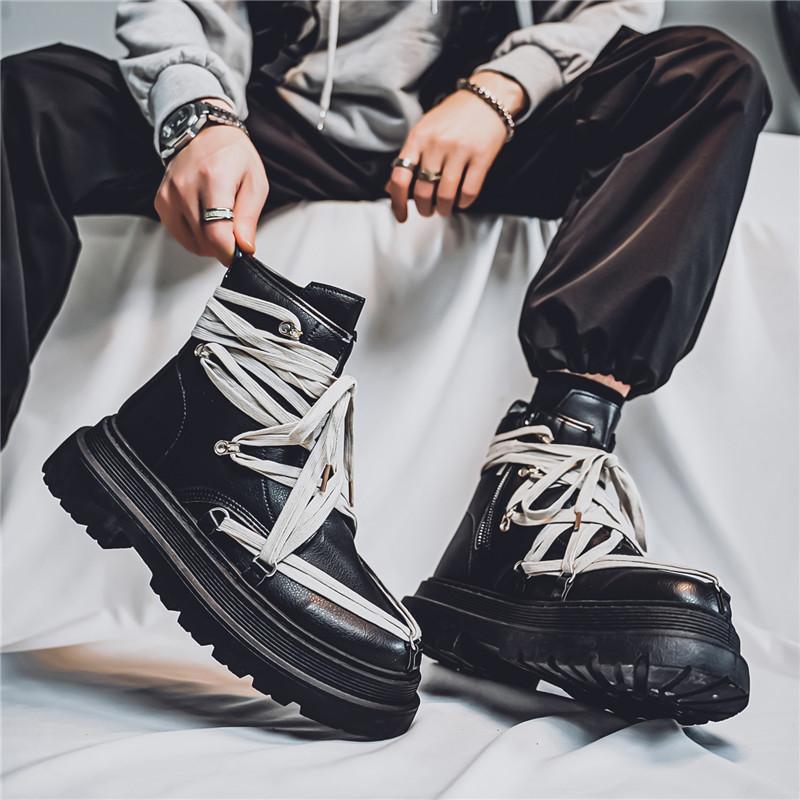 Streetwear Men's Black Motorcycle Boots Fashion Crazy Strap Short Barrel Boots Men Designer Platform Shoes Leather Botas Hombre