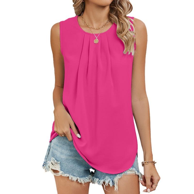 Summer Pleated Round Neck Fashion Vest Sleeveless Top Chiffon Shirt