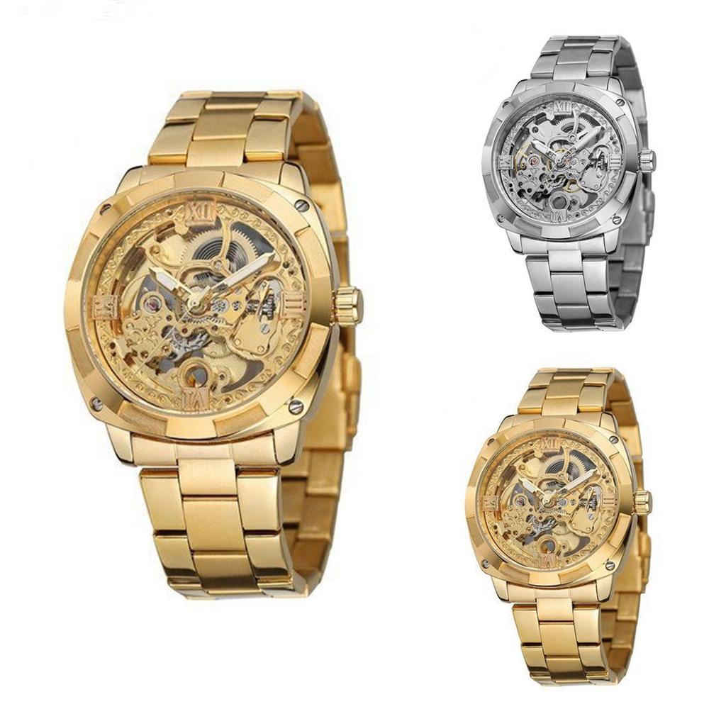 Men's Mechanical Wristwatch with Skeleton Dial and Luminous Hands Stainless Steel Band Automatic Movement Elegant Design