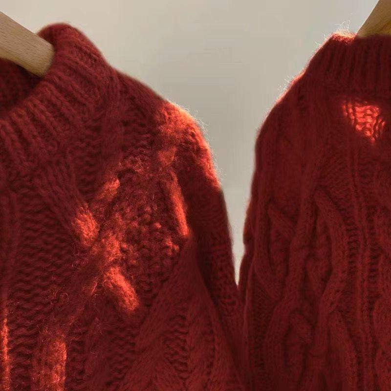 Damen Übergröße Roter Zopfstrickpullover - Dick, Locker, Perfekt für Weihnachten und Winter