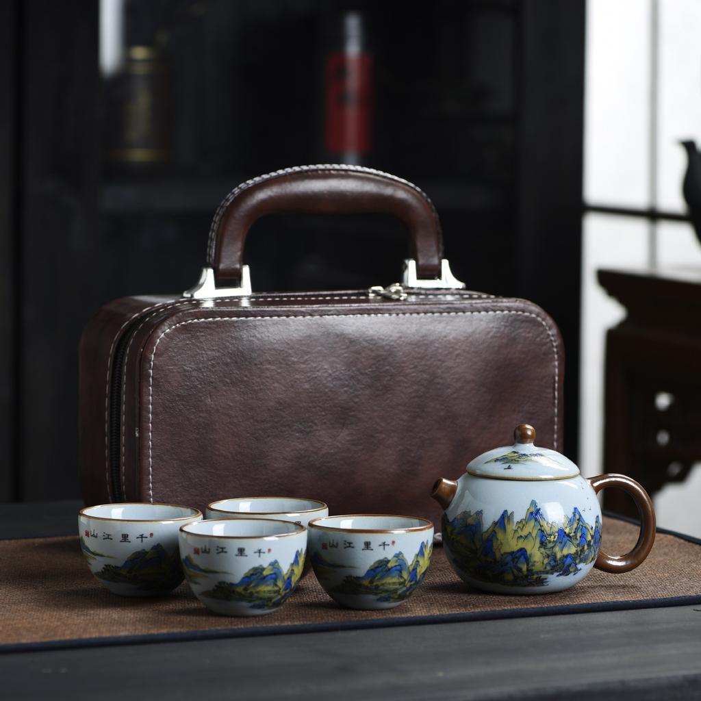 Ru Kiln Travel Tea Set One Pot Four Cups With Gift Box Outdoor Portable Tea Pot Ceramic Business Gifts