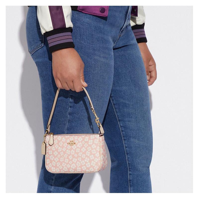 Coach Nolita 19 Floral Floral Zipper Closure Artificial Leather Mahjong Bag Underarm Bag Hand Shoulder Clutch Small Women's Pink and White