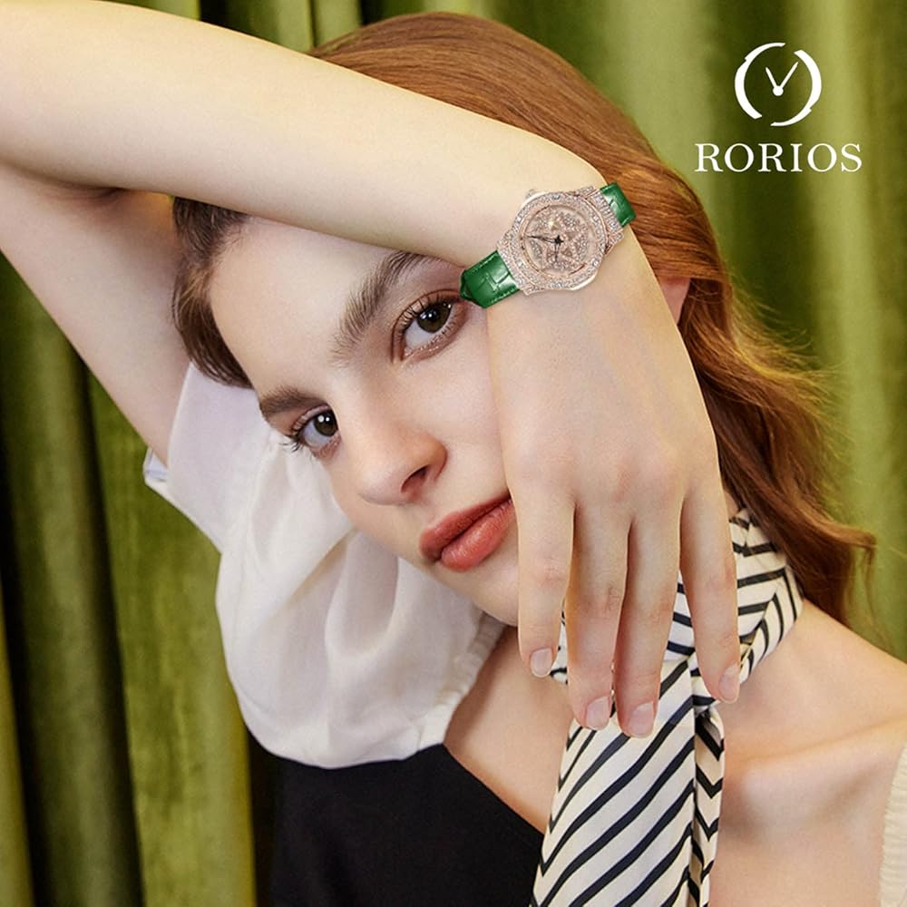 Rorios Women's Stylish Analog Watch Green Gold 30M Waterproof Leather Band Star Dial Quartz