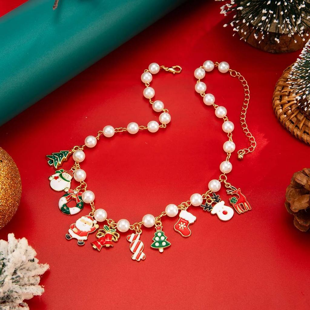 Salircon Christmas Tree Santa Claus Snowman Bell Pendant Necklace for Women Creative Metal Clavicle Choker Party New Year Gift