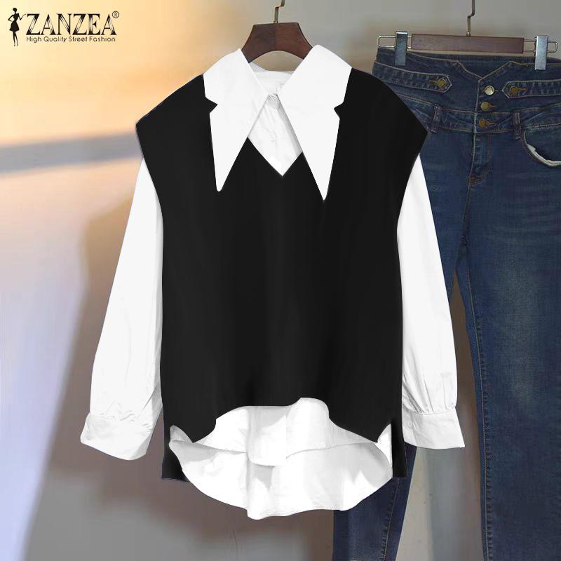 ZANZEA Women Casual Fake Two-Piece Long Sleeve Contrast Color Shirts