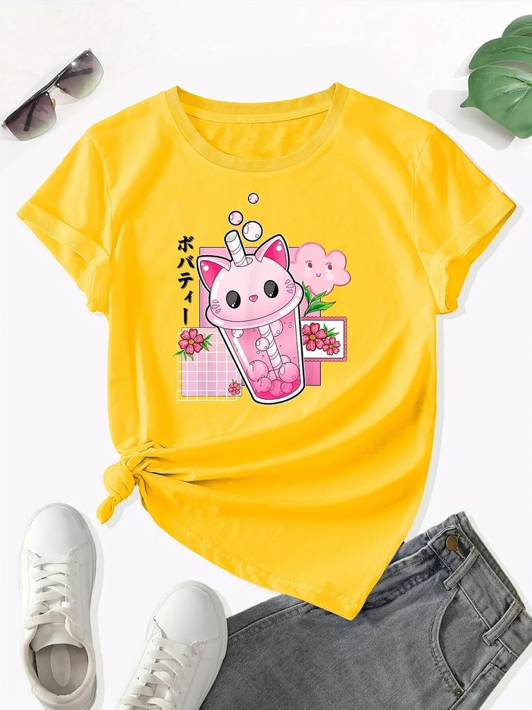 Boba Tea Cat Bubble Print T-Shirt, Kawaii Crew Neck Short Sleeve T-Shirt For Spring & Summer, WoUnisex Clothing Unisex