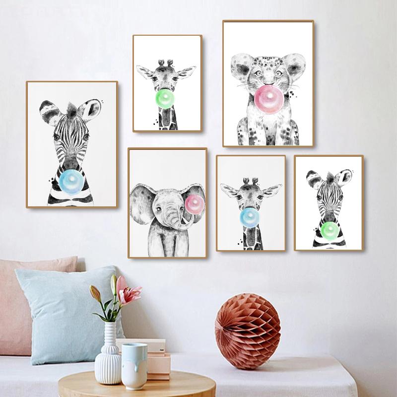 Nordic Animal Zebra Giraffe Blowing Bubbles Prints And Posters Wall Art Canvas Paiting Wall Pictures For Living Room Home Décor No Frame