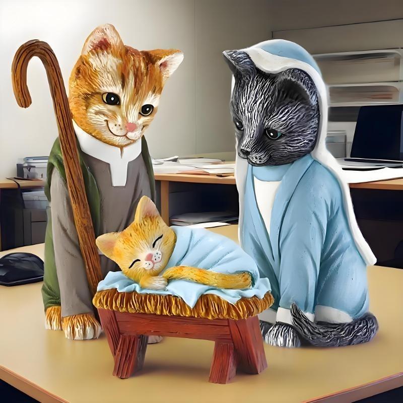 6Pcs Cat Nativity Figurines Set, Resin Kitten Christmas Decor, Cute Cat Themed Nativity Scene Ornaments, Funny Holiday Home Decor Gift