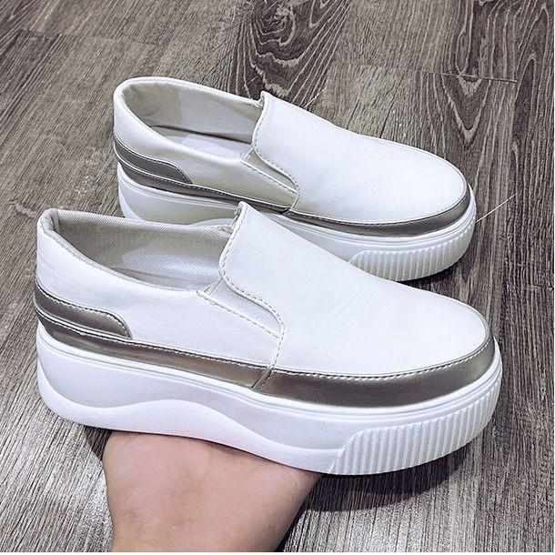 Women's 2025 Hidden Heel White Loafers - Slip-On, Lazy, Thick Sole, Korean Style Platform Shoes.