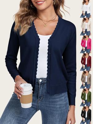 2025 Women's European & American Fashion: Frilled V-Neck 3/4 Sleeve Knit Cardigan