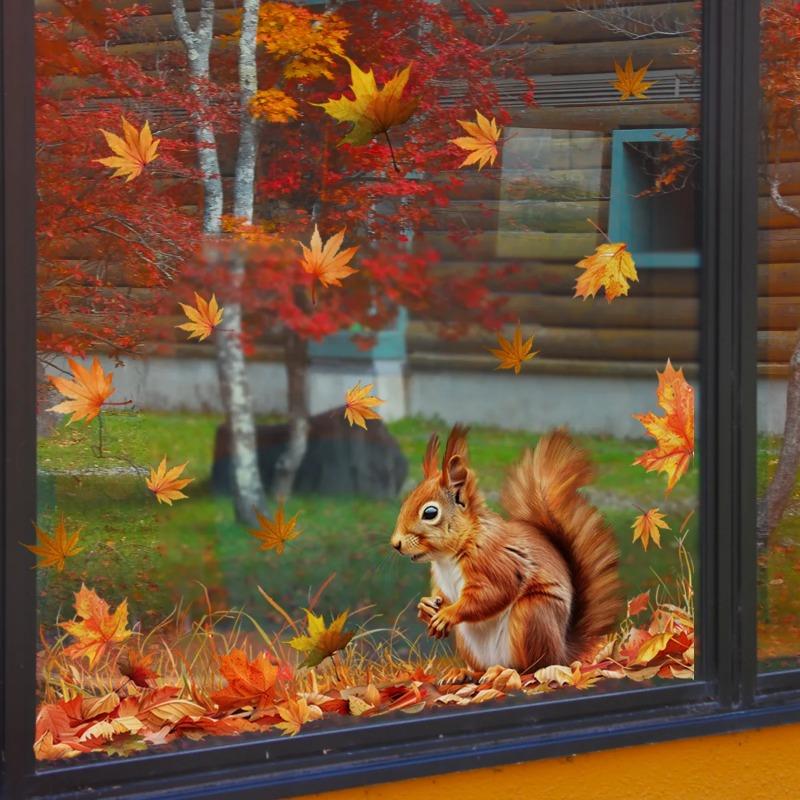 New Pattern Autumn Harvest Pumpkin Leaves and Squirrel Background Wall Decal Double-Sided Printed Window Glass Display Sticker